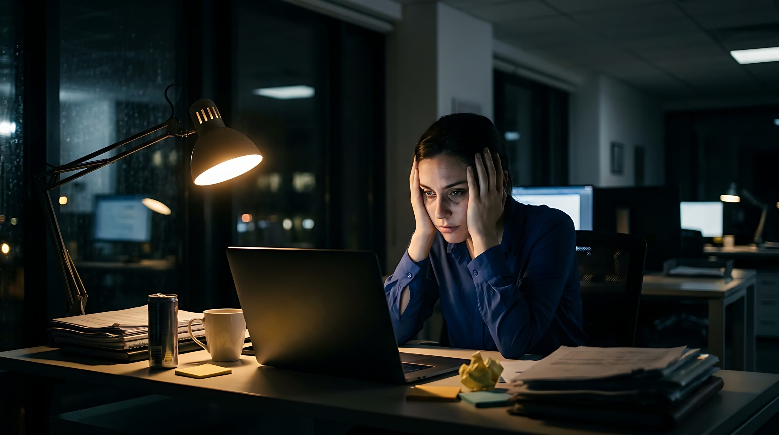 Employee working late at night in an office while experiencing fatigue and workplace stress.