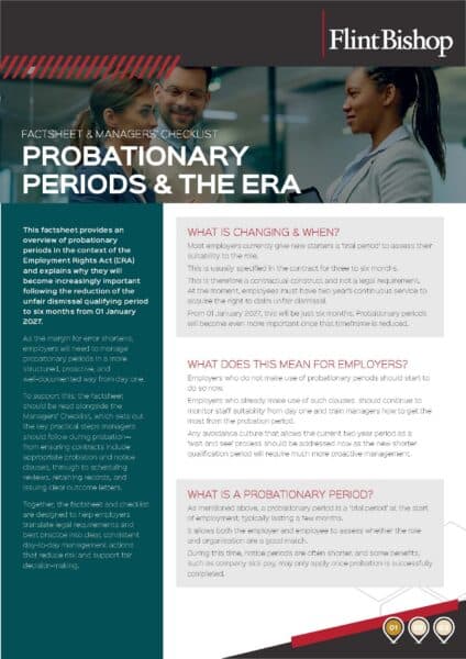 Cover of Flint Bishop's Probationary Periods and the Employment Rights Act factsheet and managers' checklist.