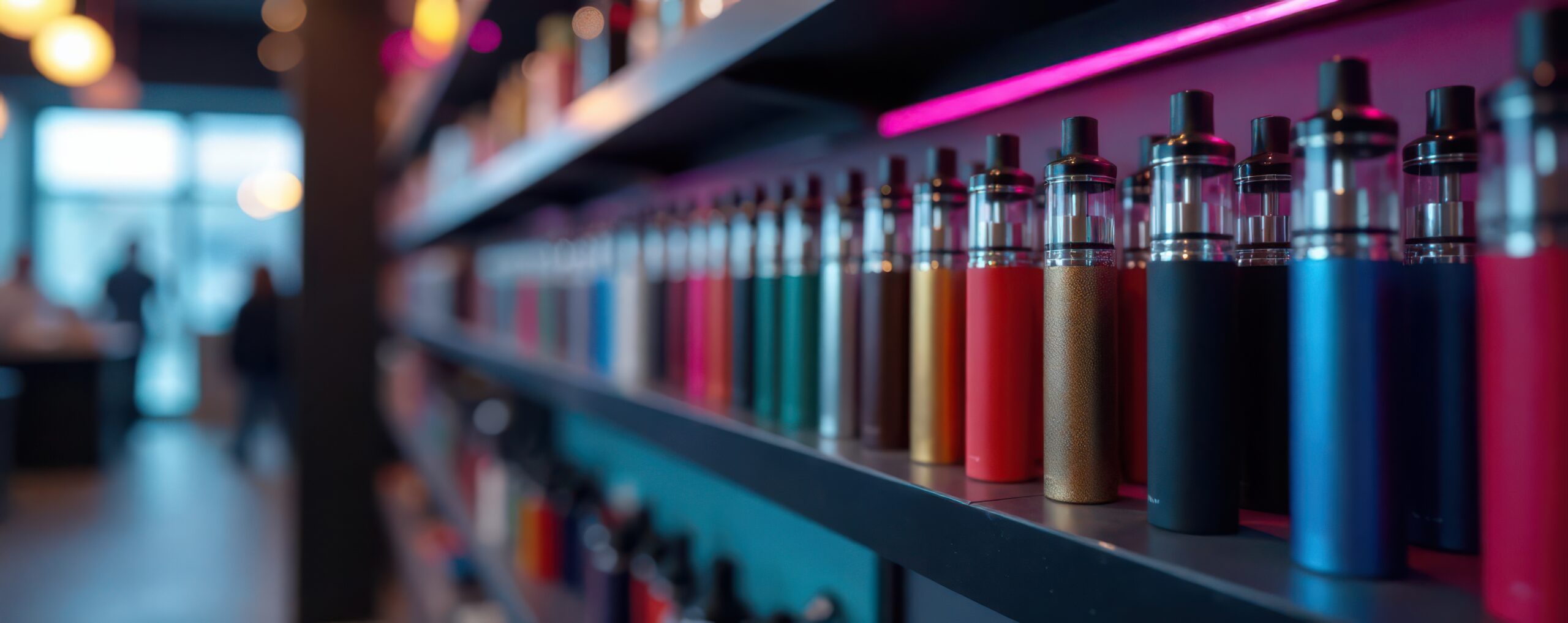 Vaping products displayed on shelves inside a vape shop.